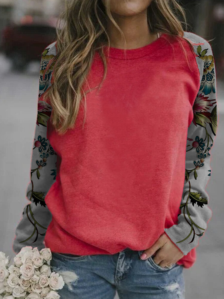 Women Floral Patchwork Raglan Sleeve Casual Relaxed Fit Round Neck Sweatshirt