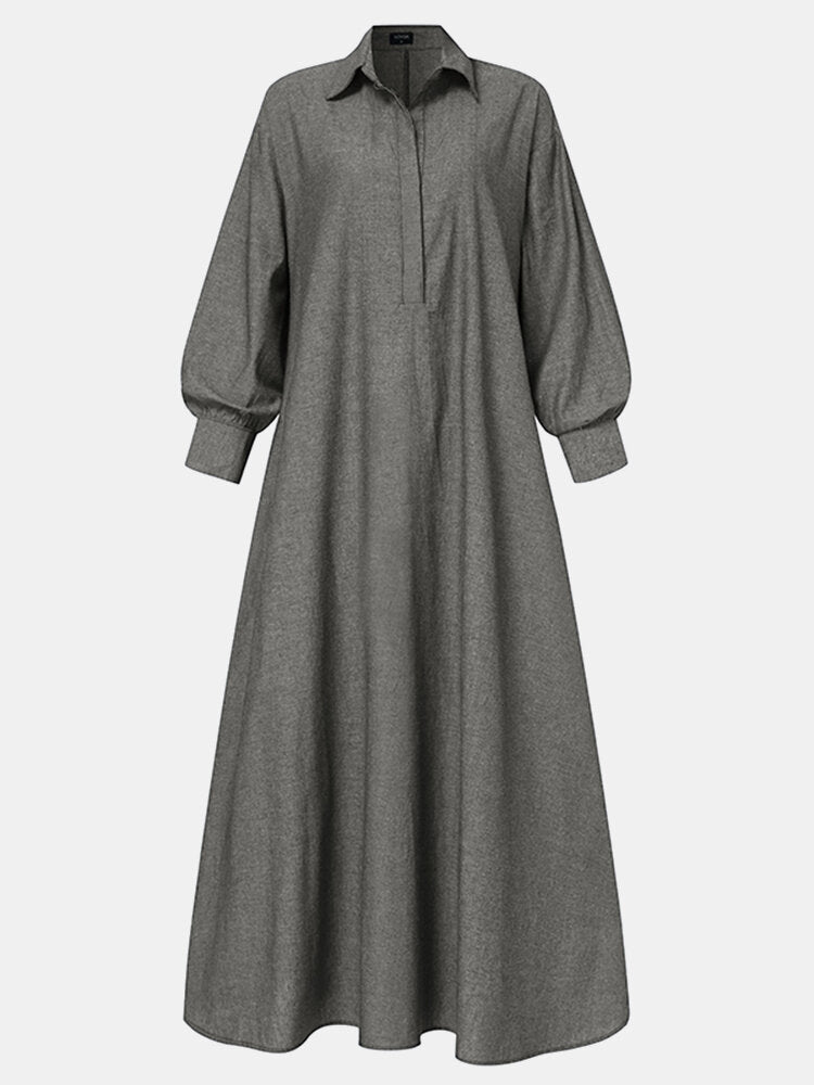 Women Lapel Concealed Button Placket Casual Long Sleeve Maxi Dresses With Pocket