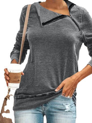Women Casual Solid Color Zip Front Half Open Collar Plus Size Blouse