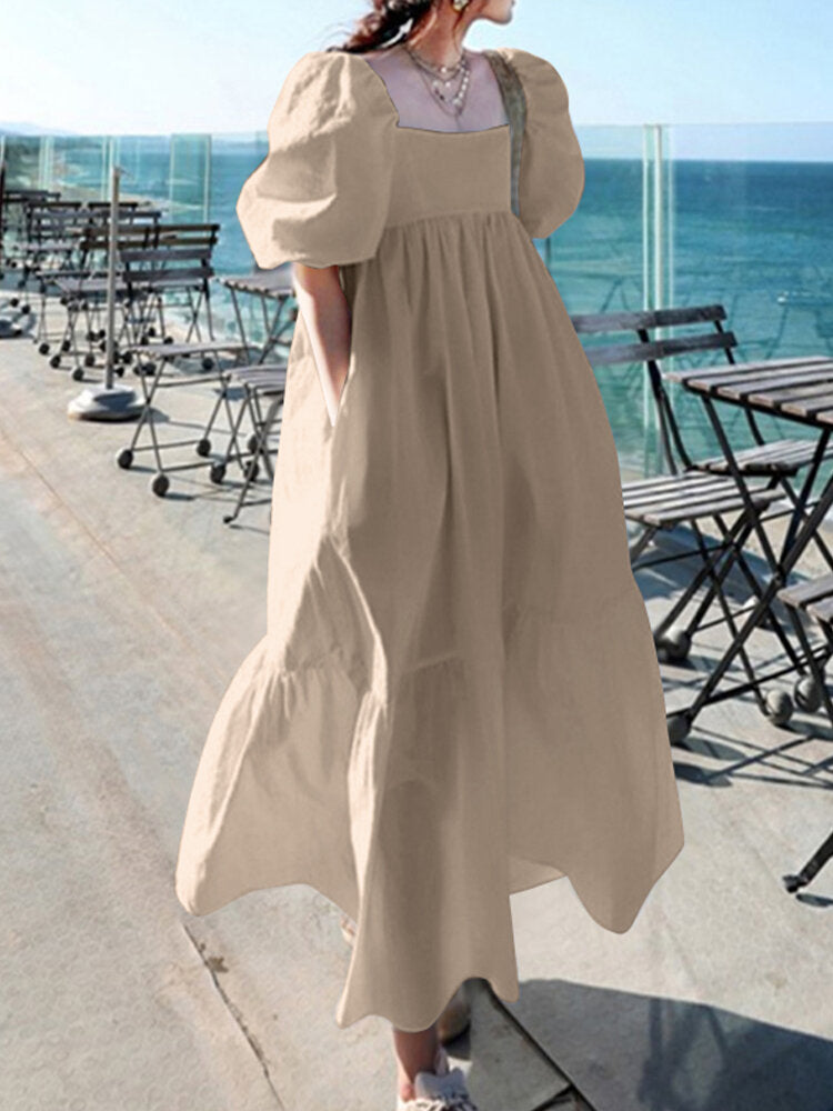 Women 100% Cotton Puff Sleeve Square Neck Maxi Dresses With Side Pocket