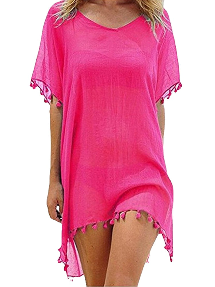 Women Solid Color Translucent Tassel V-Neck Sun Protection Cover Ups