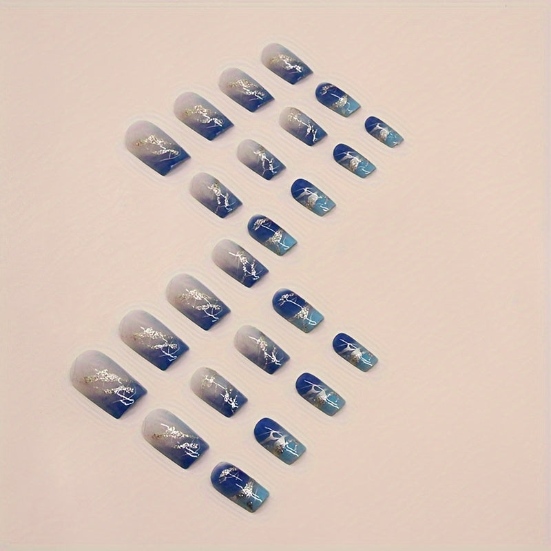 24pcs Shiny Ice Blue Gradient Square Fake Nails with Golden Foil Stripe - Easy Press-On Full Coverage Set for Women & Girls