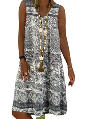 Vintage Bohemia Print V-neck Sleeveless Casual Loose Midi Dress