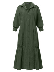 Women Vintage Literary Solid Three Quarter Sleeve Button Cuffs Calf Length Lapel Collar Midi Dresses