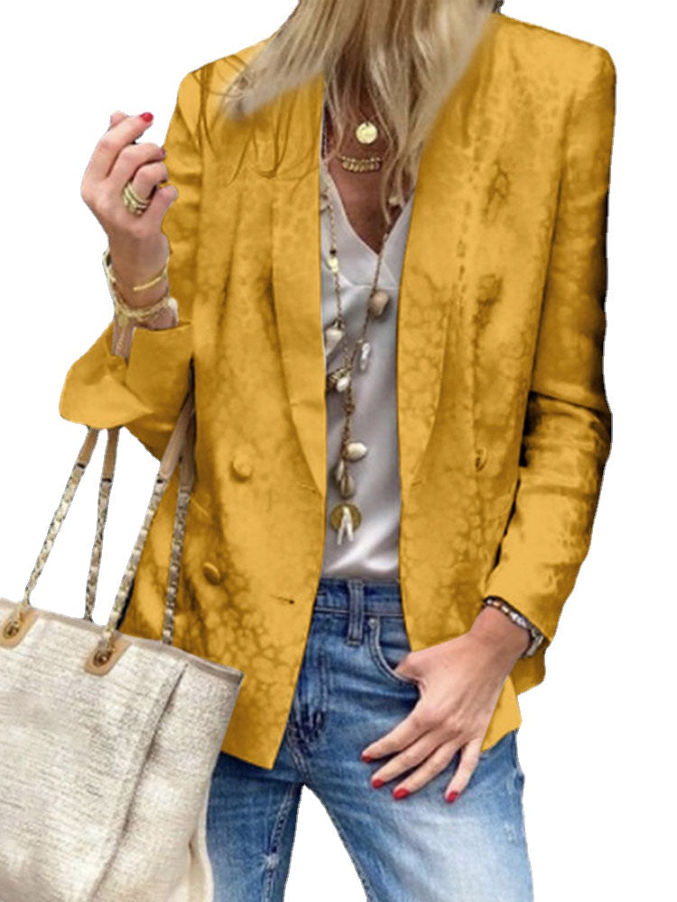 Women Solid Color Button Leopard Printed European Pocket Decoration Long Sleeve Blazer