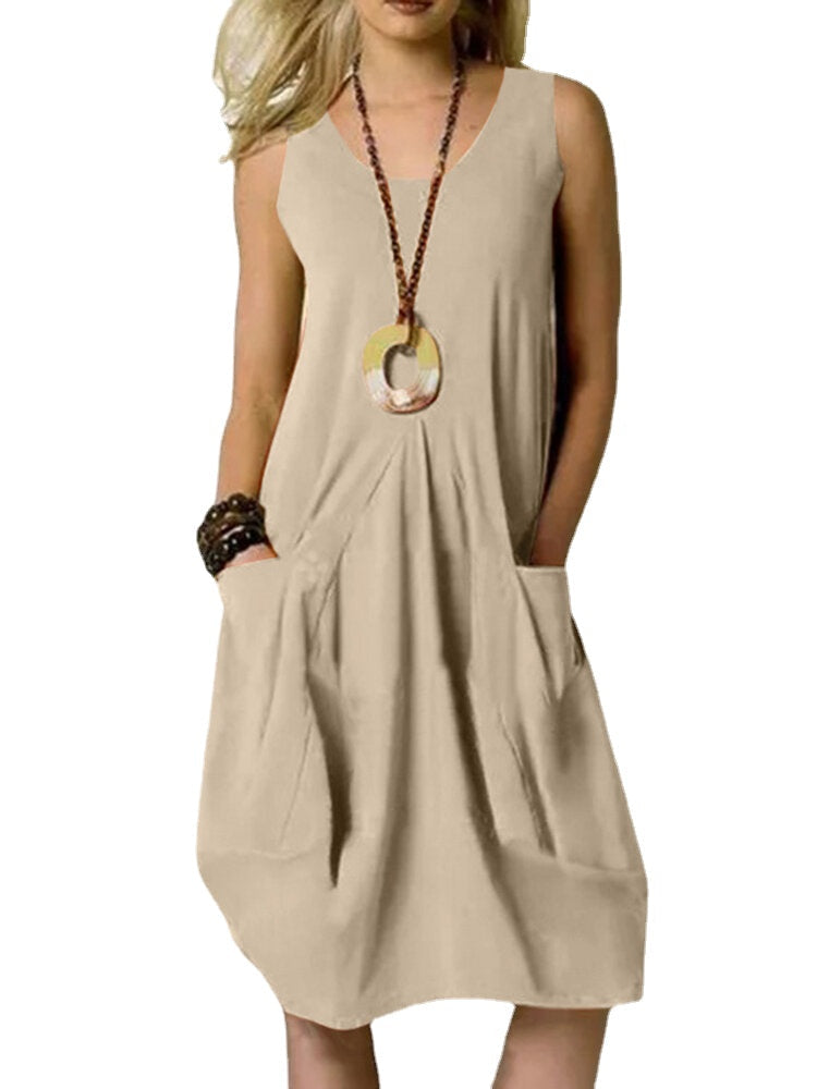 Leisure Solid Pocket Zip Sleeveless Cotton Midi Dress