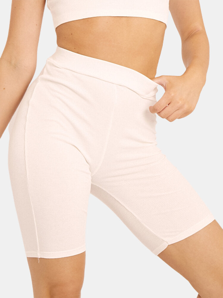 Women Solid Color High Waist Elastic Sport Fitness Shorts