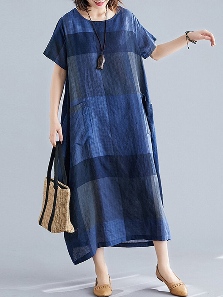 Grid Printed O-neck Front Pocket Short Sleeve Baggy Maxi Dress For Women