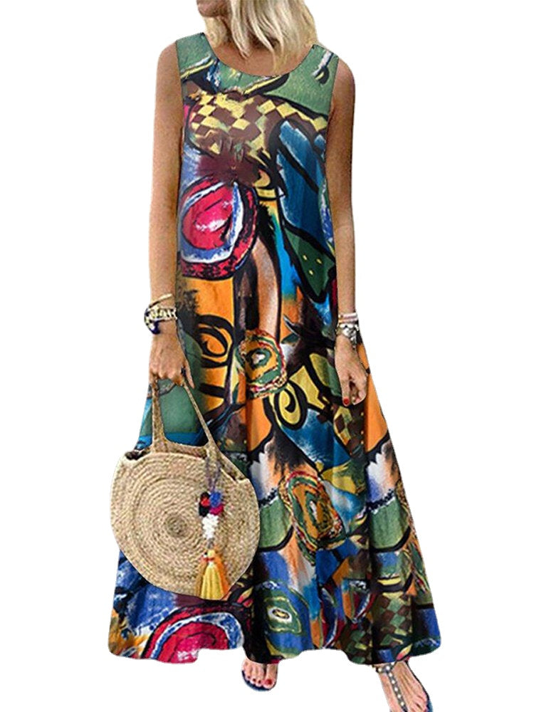 Women Retro O-neck Floral Print Sleeveless Maxi Dress