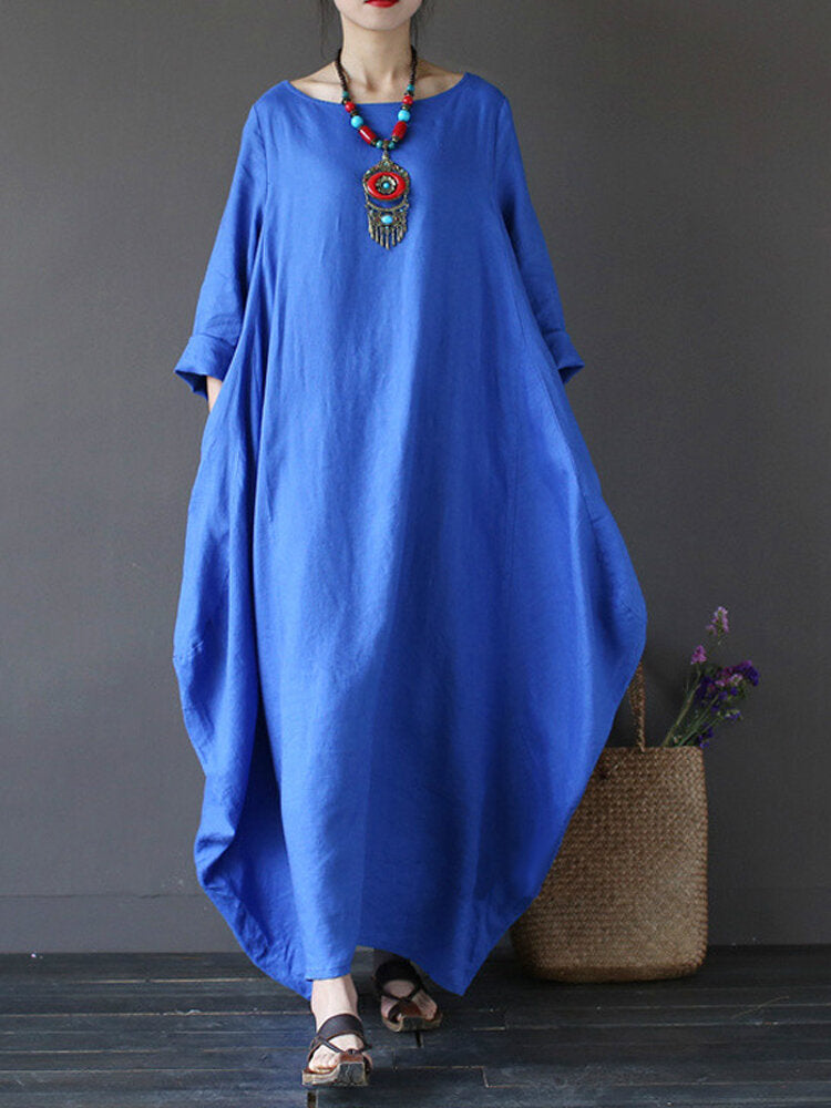 Women 100% Cotton Solid Baggy Pockets Summer Maxi Dress