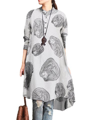 Women Cotton Tree Ring Floral Print Long Sleeve Button Down Casual Shirts Dress