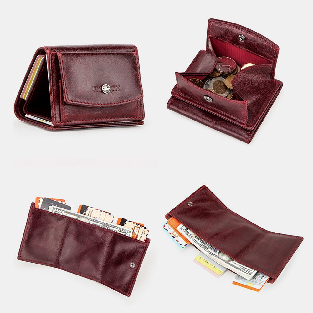 Women Genuine Leather RFID Anti-theft Brush Leather Mini Wallet Multi-function Tri Fold Coin Purse