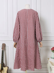Women Plaid  Puff Long Sleeve Casual V-Neck Midi Dress