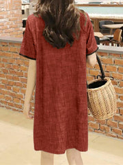 Contrast Color Pocket Short Sleeve Midi Casual Dress