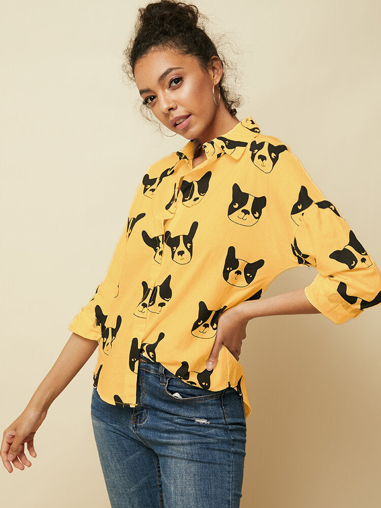 Cartoon Dog Animal Print Button Down Long Sleeve Irregular Hem Casual Blouse For Women