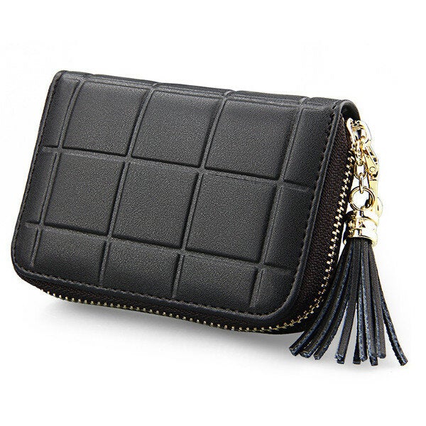 Women Genuine Leather Quilted Card Holder Girls Tassel Zipper Short Wallet Coin Bags