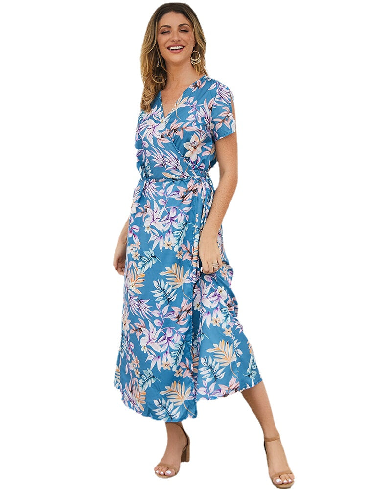 Short Sleeve V-neck High Low Hem Summer Beach Maxi Dress