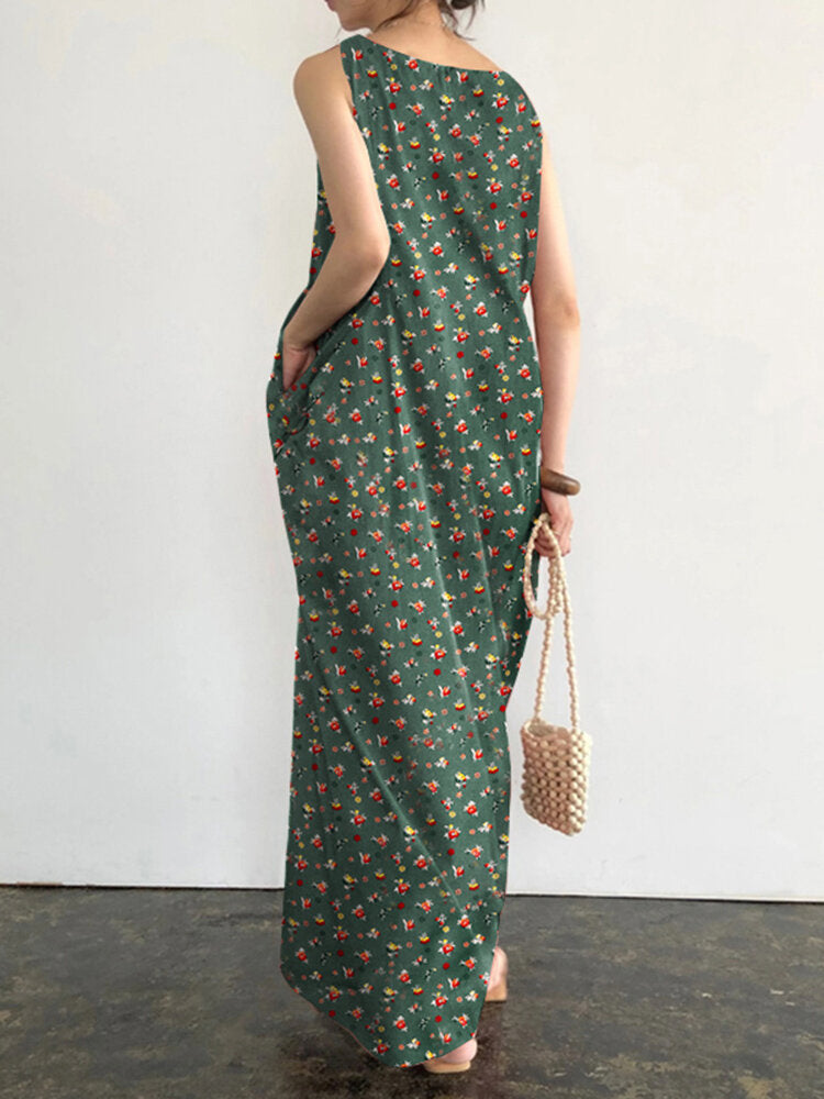 Pocket Ditsy Floral Round Neck Summer Sleeveless Maxi Dress