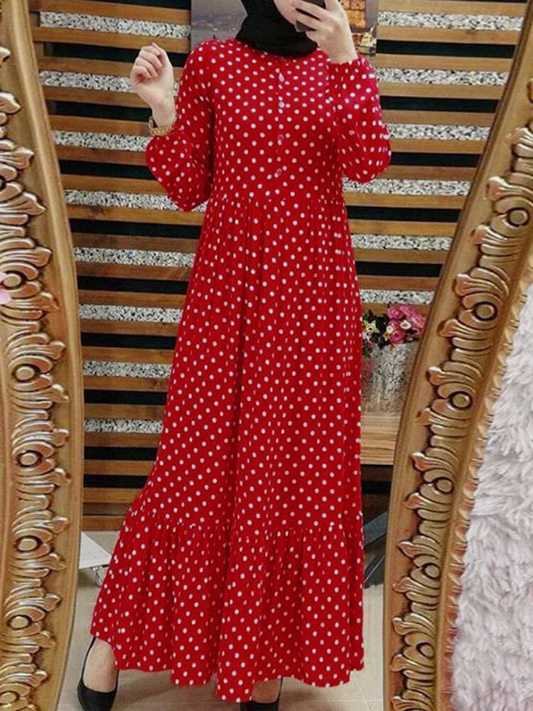 Women Retro Polka Dot Print Pleated Ruffled Hem Side Zipper Button Vintage Maxi Dress