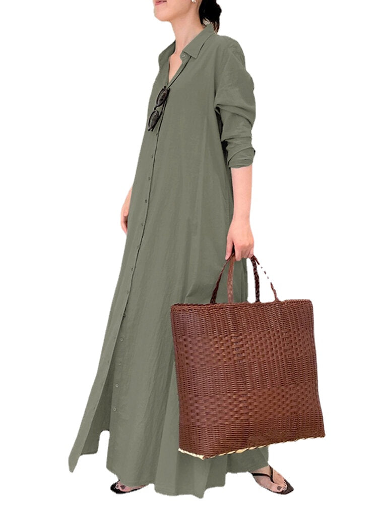 Women Retro Solid Color Turn-Down Collar Loose Casual Shirt Dress With Pocket