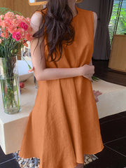 Women Cotton Solid Color Round Neck Sleeveless Casual Midi Dress