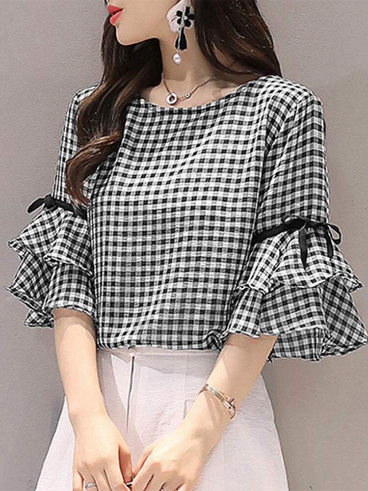 Plaid Knotted Patchwork Ruffle Sleeve Round Neck Blouse