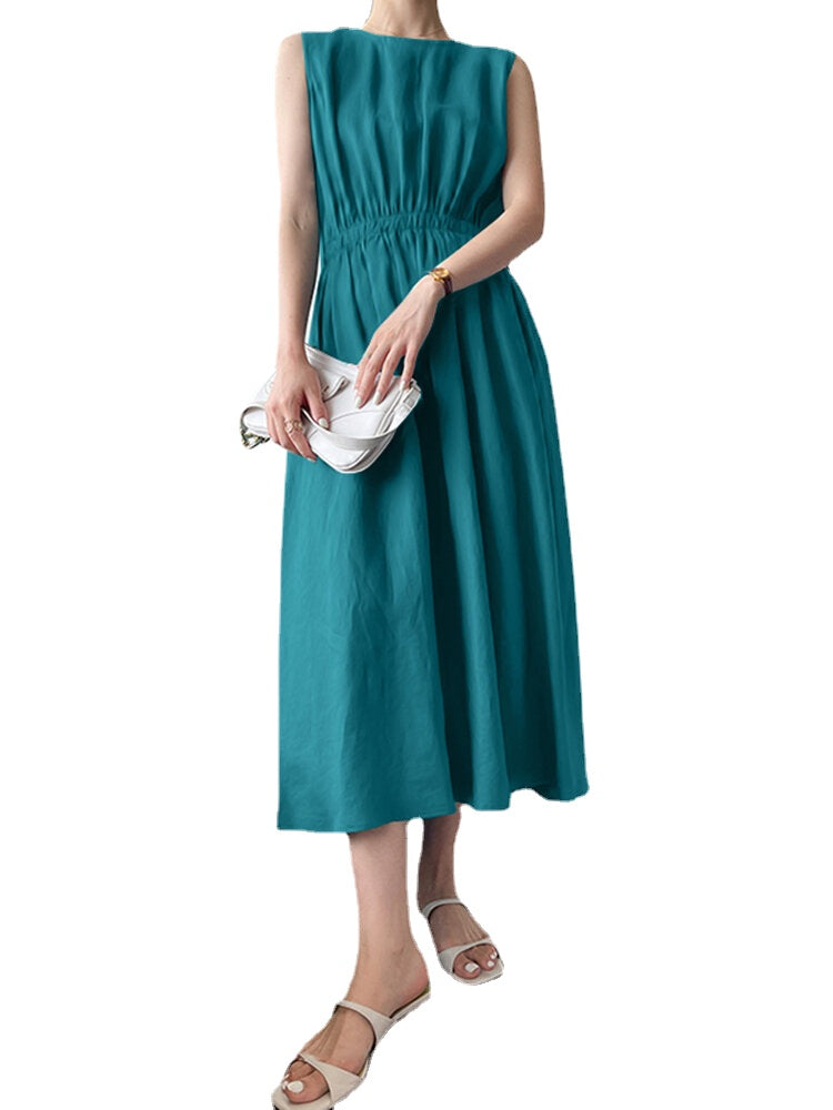 Solid Button Pocket Drawstring Show Waist Sleeveless Maxi Dress