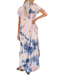 Tie Dye Print V-neck Side Pocket Split Irregular Hem Maxi Dress