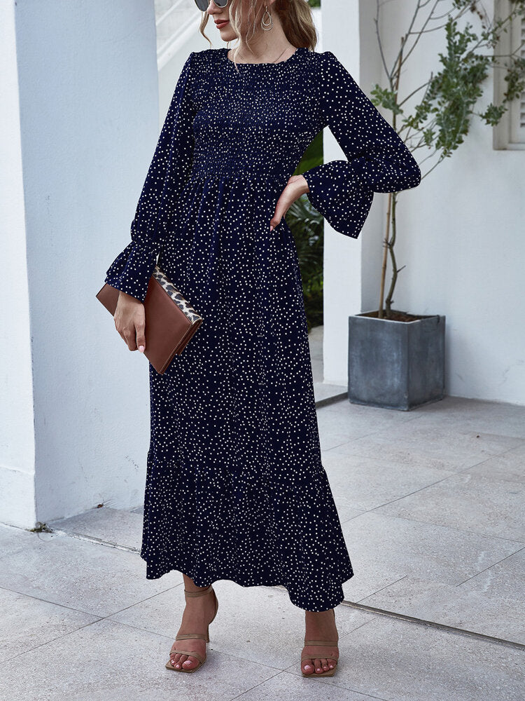 Women Polka Dot Print Pleated O-Neck Casual Long Sleeve Layered Maxi Dress