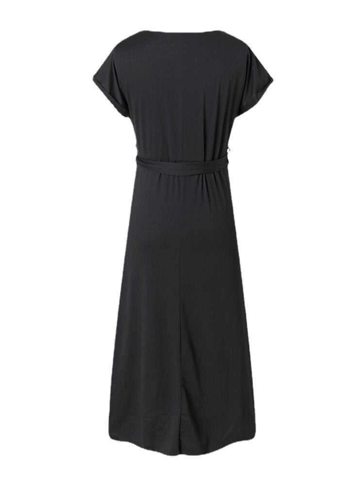 Women Solid Round Neck Split Casual Short Sleeve Maxi Dresses With Belt