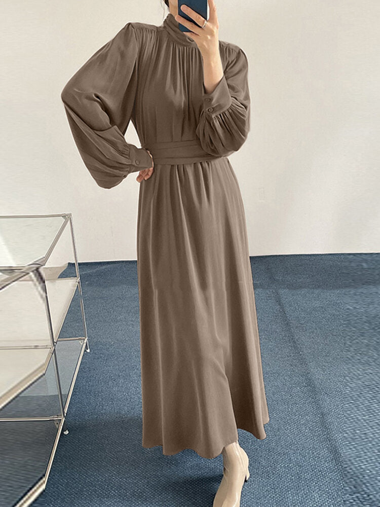 Solid Long Sleeve High Neck Pleated Casual Maxi Dress