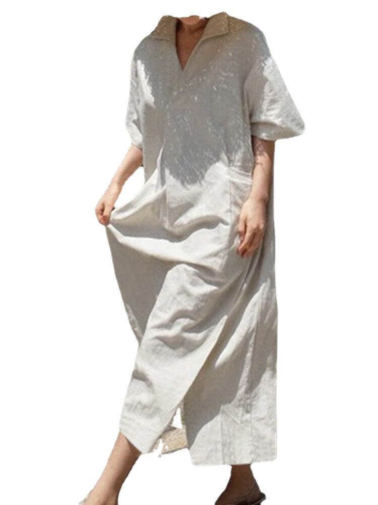 Solid Color Half Sleeve Lapel Loose Cotton Maxi Dress