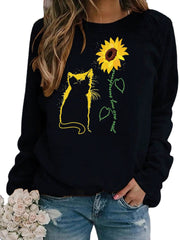 Women Sunflower And Cartoon Cat Print Pullover O-Neck Casual Sweatshirts