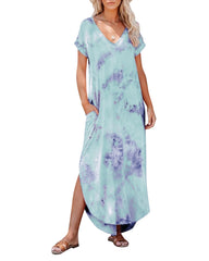 Tie Dye Print V-neck Side Pocket Split Irregular Hem Maxi Dress