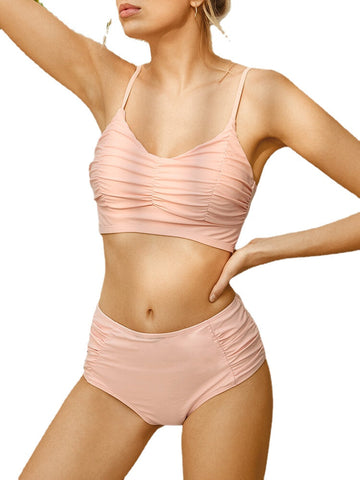 Women Pleated Sling High Waist Two-Piece Solid Color Backless Beach Swimwear Bikinis