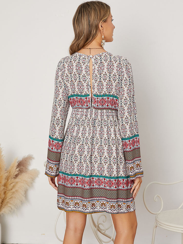 Print Ethnic Pattern Patchwork V Neck Long Sleeve Midi Dress