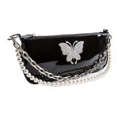 Women PU Leather Pearls Rhinestone Chain Butterflies Pattern Small Square Handbag Shoulder Bag