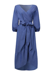 Women Denim Irregular Ruffle Hem Puff Sleeve Belted V-Neck Midi Dress