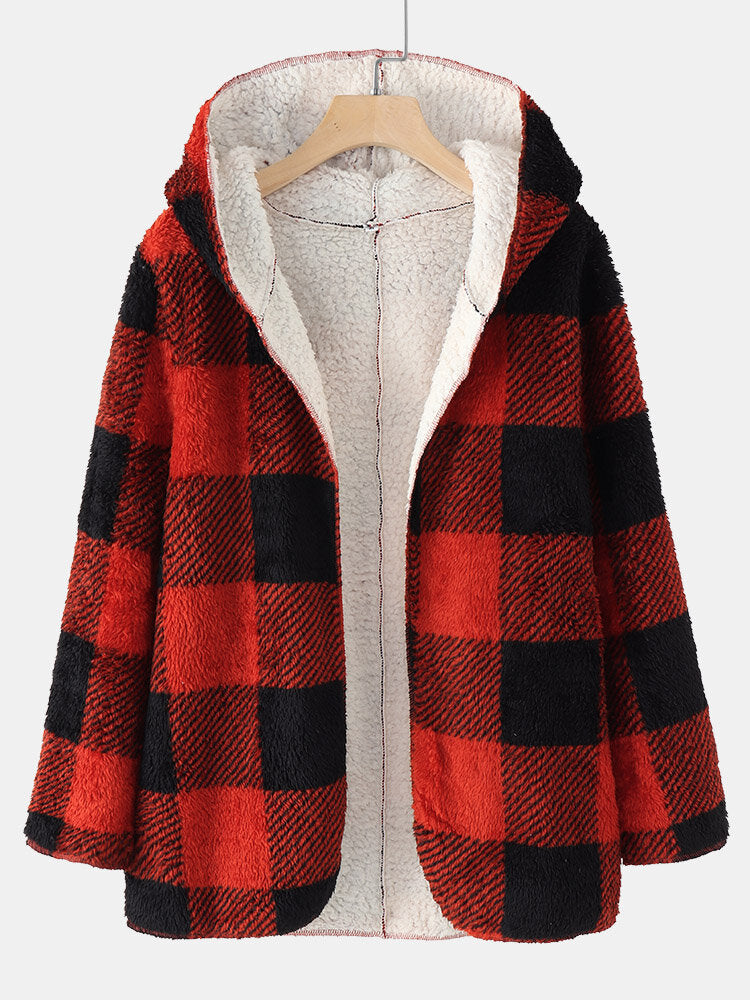 Women Plaid Fleece Hood Long Sleeve Warm Casual Hooded Sweatshirt