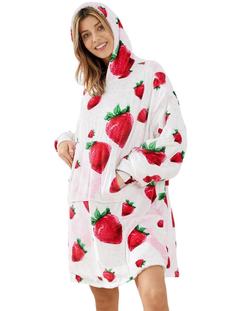Women Cute Strawberry Print Thicken Blanket Hoodie Oversized Robes With Kangaroo Pocket