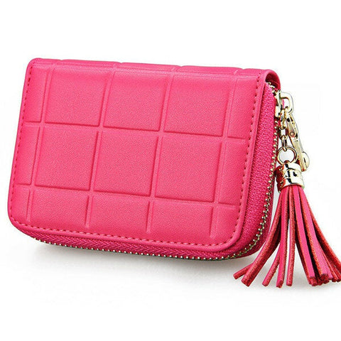 Women Genuine Leather Quilted Card Holder Girls Tassel Zipper Short Wallet Coin Bags