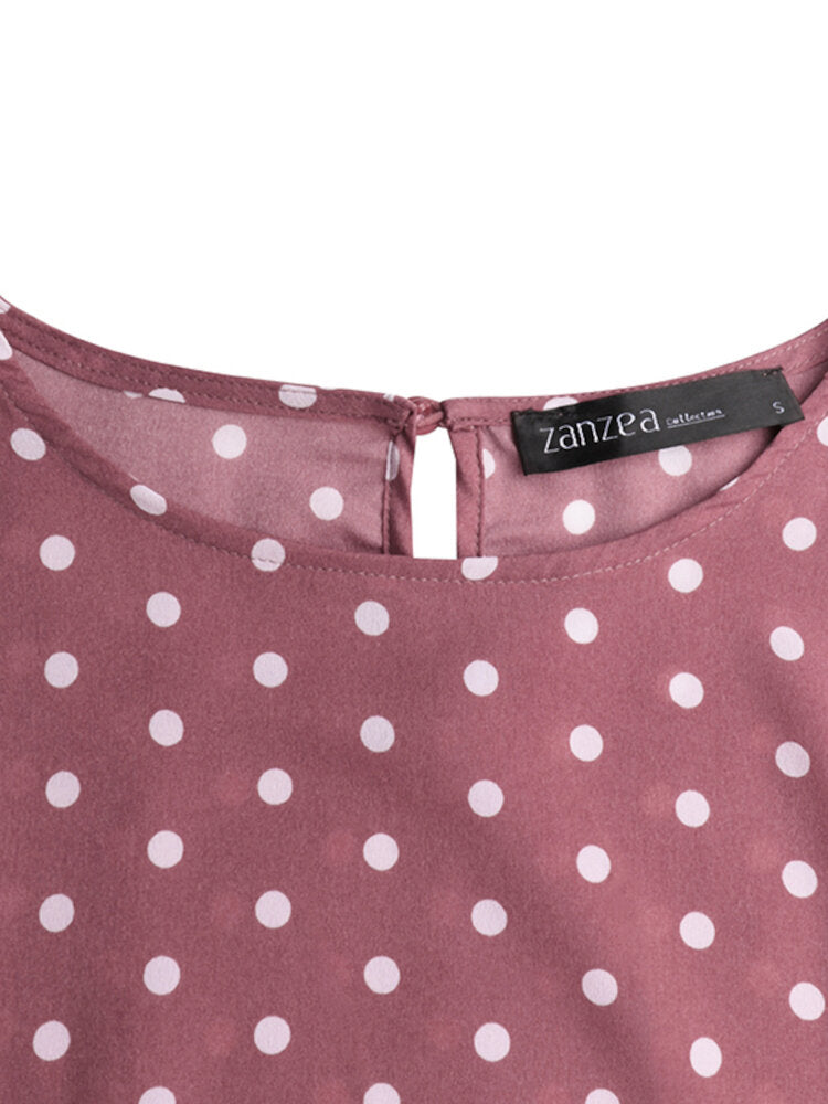 Women Puff Sleeve Daily O-Neck Spliced Dots Casual Loose Blouse