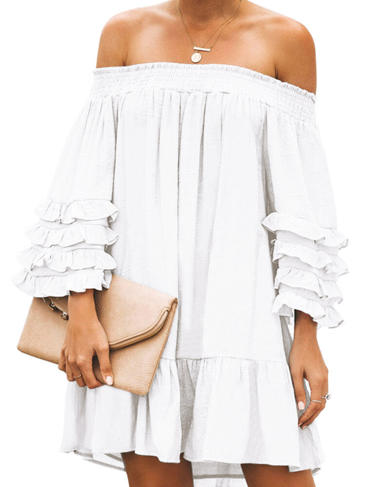 Off Shoulder Pleats Solid Casual Mini Dresses For Women