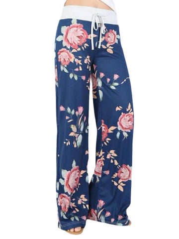 Women Plus Size Flowers Print Drawstring Waist Loose Home Casual Pajamas Pants