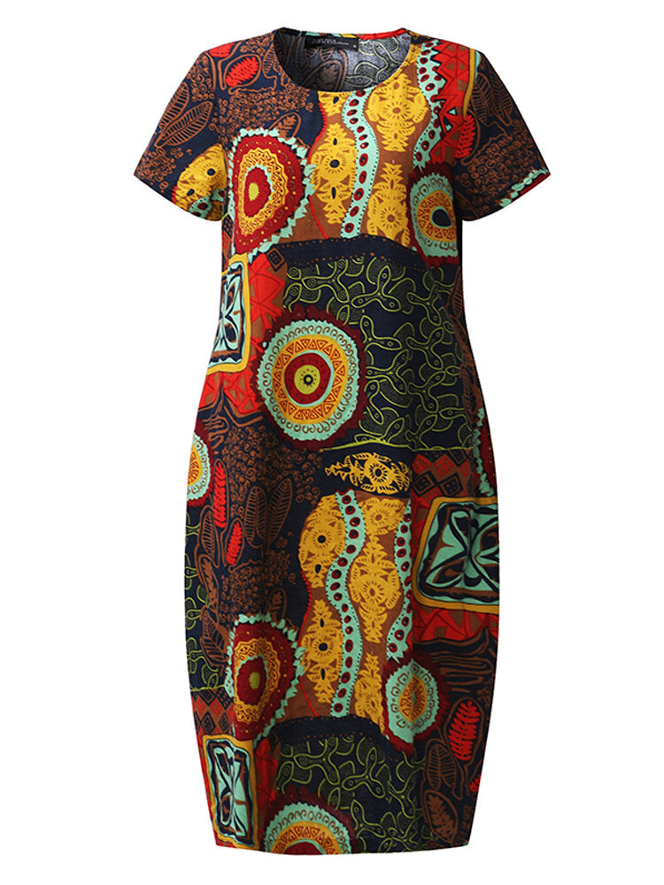 Cotton Women Pattern Printed Short Sleeve O-Neck Dresses