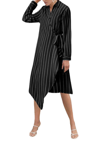 Women Striped Irregular Wrap Tie Side Stylish Long Sleeve Midi Dresses