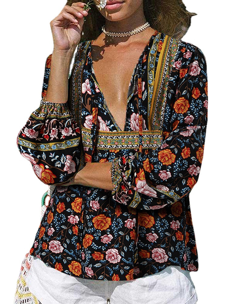 Floral Print Tie V-neck Long Sleeve Bohemian Blouse