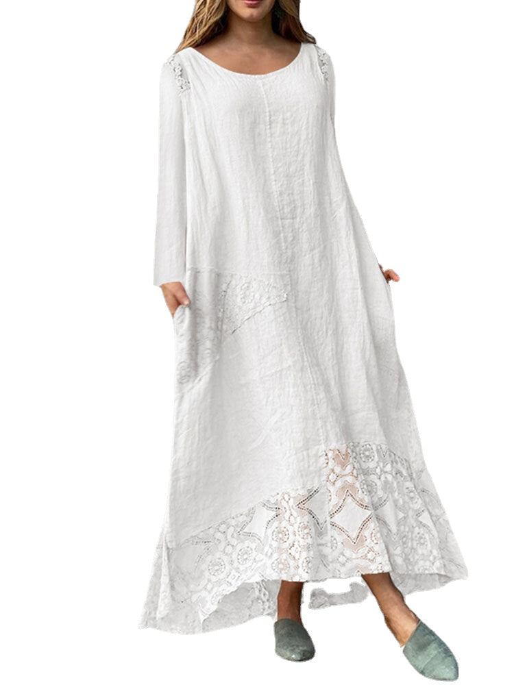 Lace Patchwork Pocket Round Neck Sleeveless Maxi Dress