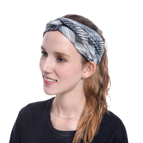 Women Lattice Leaf Printing Outdoor Sport Headdress Elastic Cross Tie Hair Band Headband