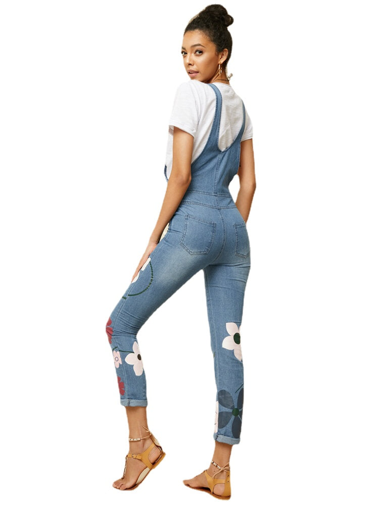 Women Casual Big Flower Print Pockets Denim Jumpsuit